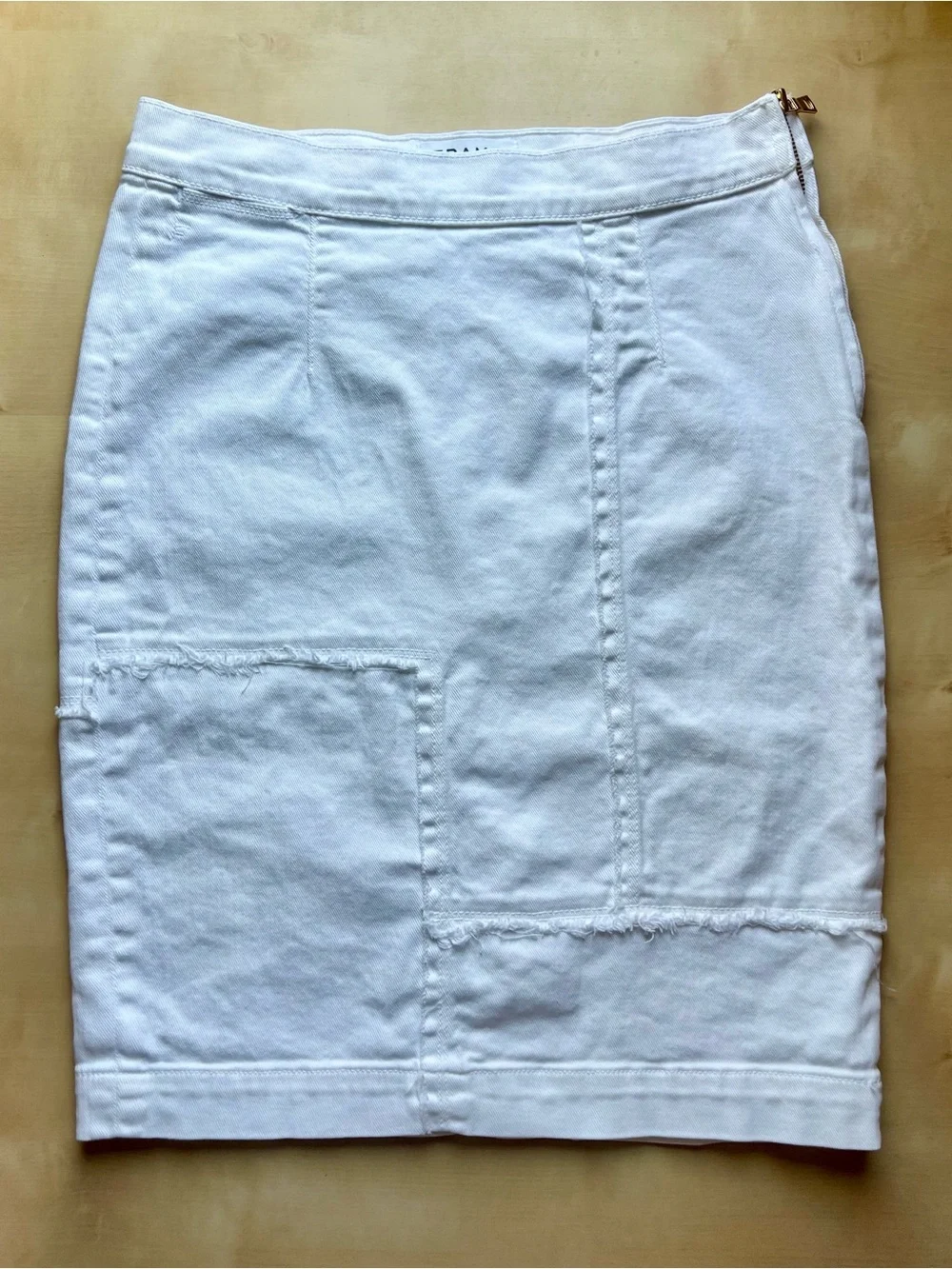 Frame Denim White Patchwork Stretch Pencil Skirt with Deconstructed Details